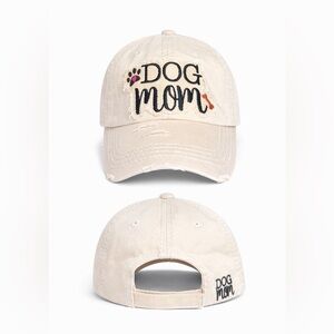 “Dog Mom” Distressed Baseball Cap | Tan Adjustable Hat | Embroidered